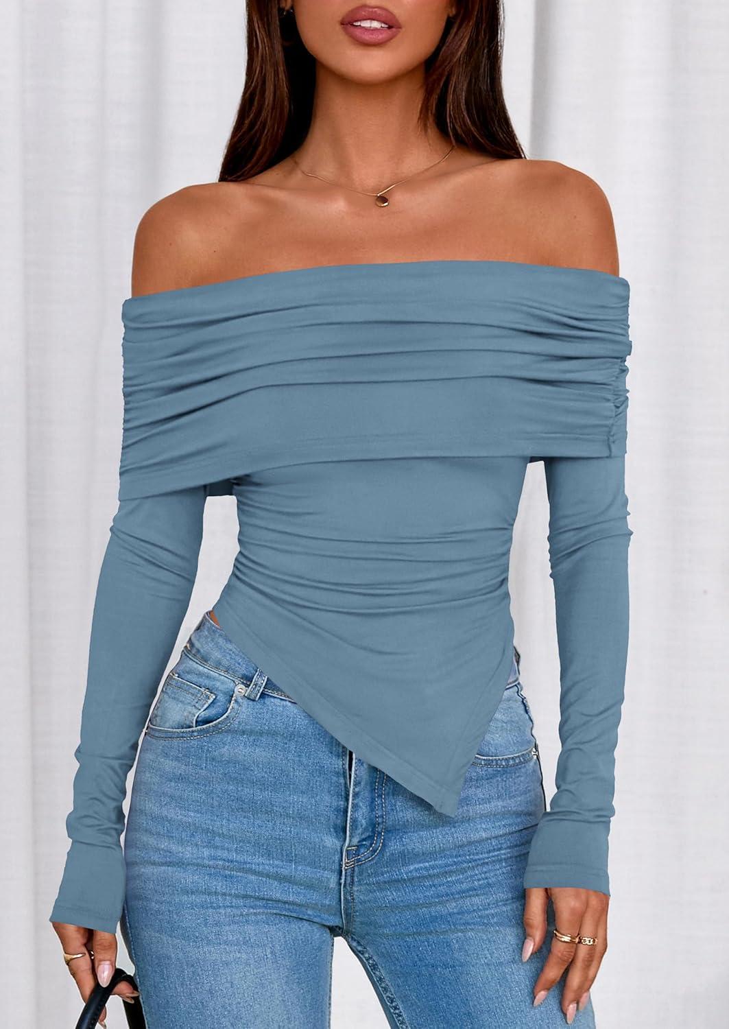 imagePRETTYGARDEN Womens Long Sleeve Shirts Off Shoulder Tops Going Out Slim Fitted Y2K Blouses 2025 Fall Fashion ClothesGrey Blue