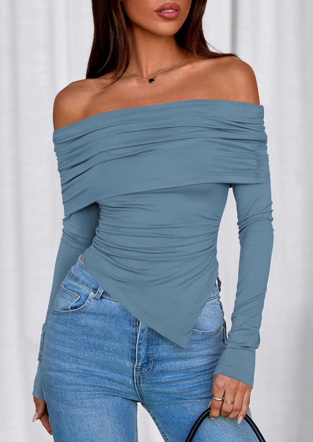 imagePRETTYGARDEN Womens Long Sleeve Shirts Off Shoulder Tops Going Out Slim Fitted Y2K Blouses 2025 Fall Fashion ClothesGrey Blue