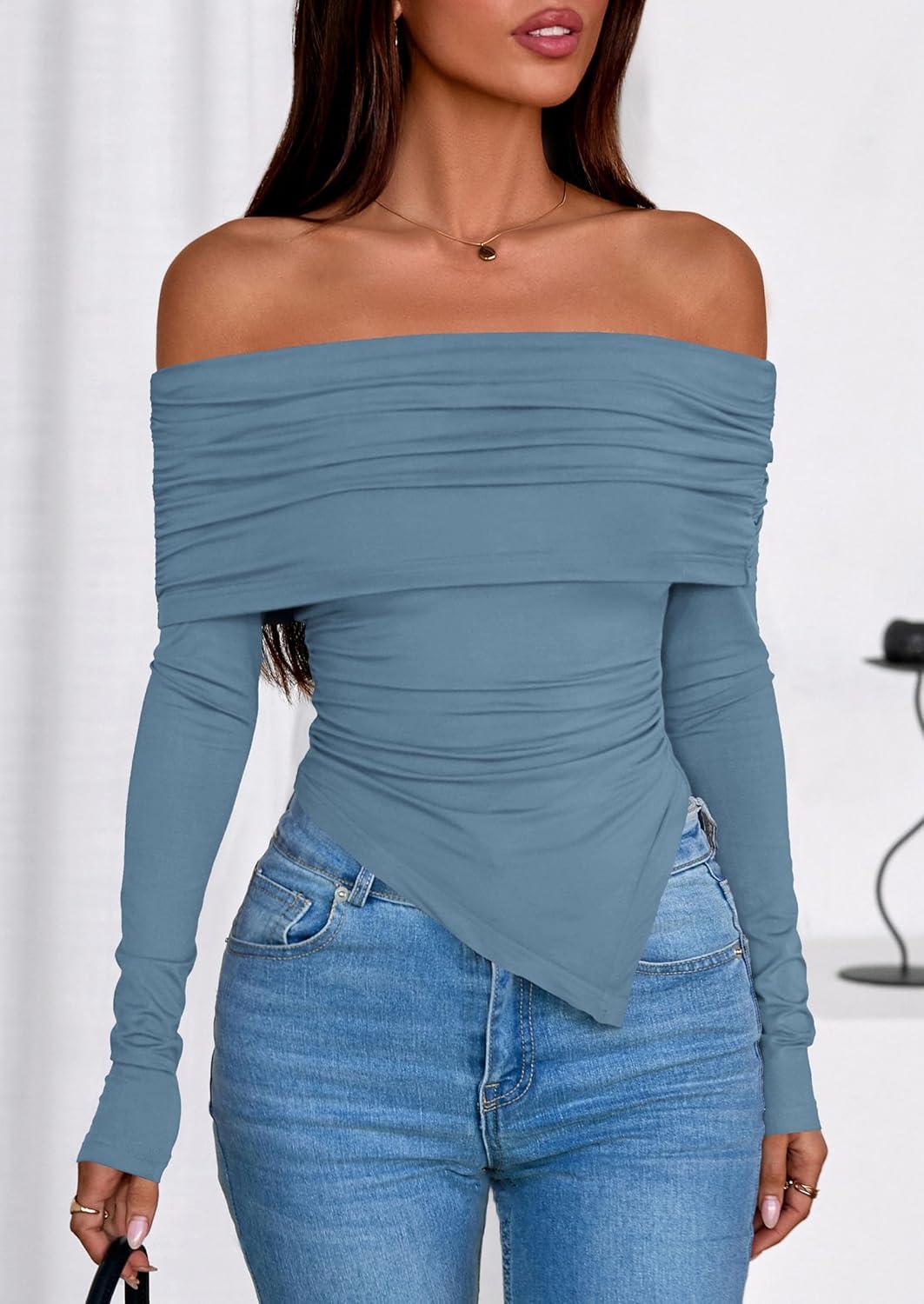 imagePRETTYGARDEN Womens Long Sleeve Shirts Off Shoulder Tops Going Out Slim Fitted Y2K Blouses 2025 Fall Fashion ClothesGrey Blue