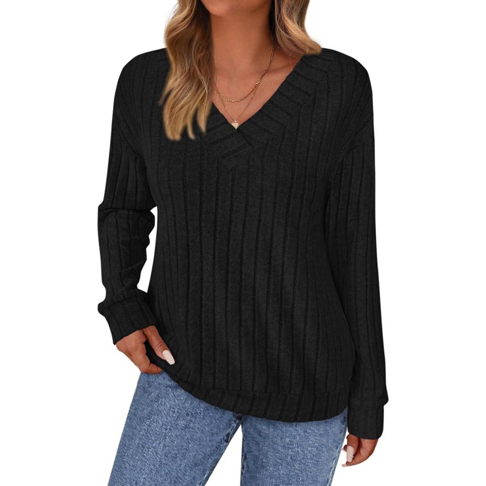 imagePRETTYGARDEN Fall Fashion 2025 Long Sleeve Shirts for Women Ribbed Knit V Neck Dressy Casual Lightweight Sweaters Tunic TopsBlack