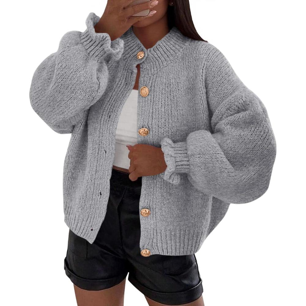 imagePRETTYGARDEN Womens Cropped Cardigans Trendy 2025 Ruffle Open Front Chunky Knit Sweater Oversized Button Down Fall ClothesGrey