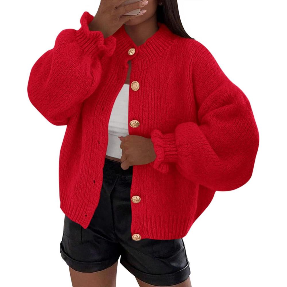 imagePRETTYGARDEN Womens Cropped Cardigans Trendy 2025 Ruffle Open Front Chunky Knit Sweater Oversized Button Down Fall ClothesRed