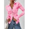 imagePRETTYGARDEN Women Button Down Floral Shirts 2025 Fall Trendy Long Sleeve V Neck Ruched Fitted Mesh Blouse Tops Date OutfitsPink