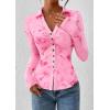 imagePRETTYGARDEN Women Button Down Floral Shirts 2025 Fall Trendy Long Sleeve V Neck Ruched Fitted Mesh Blouse Tops Date OutfitsPink
