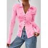 imagePRETTYGARDEN Women Button Down Floral Shirts 2025 Fall Trendy Long Sleeve V Neck Ruched Fitted Mesh Blouse Tops Date OutfitsPink