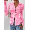 imagePRETTYGARDEN Women Button Down Floral Shirts 2025 Fall Trendy Long Sleeve V Neck Ruched Fitted Mesh Blouse Tops Date OutfitsPink