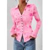 imagePRETTYGARDEN Women Button Down Floral Shirts 2025 Fall Trendy Long Sleeve V Neck Ruched Fitted Mesh Blouse Tops Date OutfitsPink
