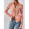 imagePRETTYGARDEN Women Button Down Floral Shirts 2025 Fall Trendy Long Sleeve V Neck Ruched Fitted Mesh Blouse Tops Date OutfitsRed Pink