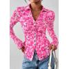 imagePRETTYGARDEN Women Button Down Floral Shirts 2025 Fall Trendy Long Sleeve V Neck Ruched Fitted Mesh Blouse Tops Date OutfitsRose Pink