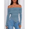 imagePRETTYGARDEN Womens Long Sleeve Shirts Off Shoulder Tops Going Out Slim Fitted Y2K Blouses 2025 Fall Fashion ClothesGrey Blue