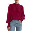 imagePRETTYGARDEN Business Casual Tops for Women Frill Neck Satin Long Sleeve Shirts Work Office Fall Outfits 2025Wine Red