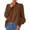 imagePRETTYGARDEN Fall Lantern Long Sleeve Shirts for Women 2025 Trendy Button Vneck Pullover Henley Tops Dressy Work BlousesBrown