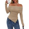 imagePRETTYGARDEN Womens Long Sleeve Shirts Off Shoulder Tops Going Out Slim Fitted Y2K Blouses 2025 Fall Fashion ClothesKhaki