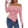 imagePRETTYGARDEN Womens Long Sleeve Shirts Off Shoulder Tops Going Out Slim Fitted Y2K Blouses 2025 Fall Fashion ClothesPink