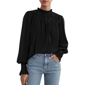 imagePRETTYGARDEN Business Casual Tops for Women Frill Neck Satin Long Sleeve Shirts Work Office Fall Outfits 2025Black