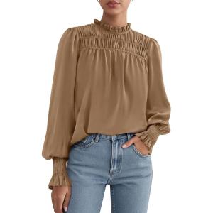 imagePRETTYGARDEN Business Casual Tops for Women Frill Neck Satin Long Sleeve Shirts Work Office Fall Outfits 2025Khaki