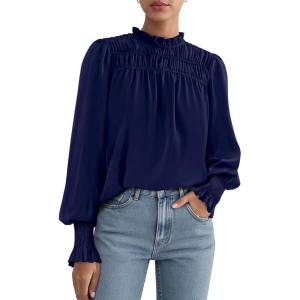 imagePRETTYGARDEN Business Casual Tops for Women Frill Neck Satin Long Sleeve Shirts Work Office Fall Outfits 2025Navy