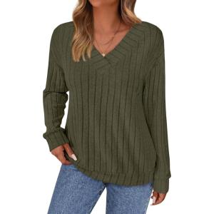 imagePRETTYGARDEN Fall Fashion 2025 Long Sleeve Shirts for Women Ribbed Knit V Neck Dressy Casual Lightweight Sweaters Tunic TopsArmy Green