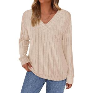 imagePRETTYGARDEN Fall Fashion 2025 Long Sleeve Shirts for Women Ribbed Knit V Neck Dressy Casual Lightweight Sweaters Tunic TopsBeige