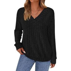 imagePRETTYGARDEN Fall Fashion 2025 Long Sleeve Shirts for Women Ribbed Knit V Neck Dressy Casual Lightweight Sweaters Tunic TopsBlack