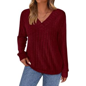 imagePRETTYGARDEN Fall Fashion 2025 Long Sleeve Shirts for Women Ribbed Knit V Neck Dressy Casual Lightweight Sweaters Tunic TopsBurgundy
