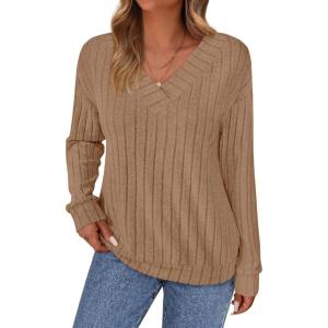 imagePRETTYGARDEN Fall Fashion 2025 Long Sleeve Shirts for Women Ribbed Knit V Neck Dressy Casual Lightweight Sweaters Tunic TopsKhaki