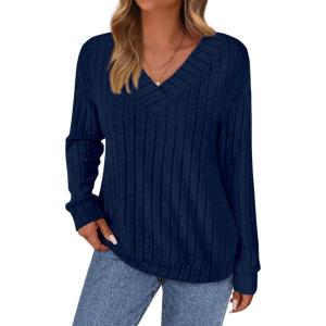 imagePRETTYGARDEN Fall Fashion 2025 Long Sleeve Shirts for Women Ribbed Knit V Neck Dressy Casual Lightweight Sweaters Tunic TopsNavy Blue