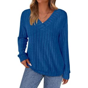 imagePRETTYGARDEN Fall Fashion 2025 Long Sleeve Shirts for Women Ribbed Knit V Neck Dressy Casual Lightweight Sweaters Tunic TopsRoyal Blue