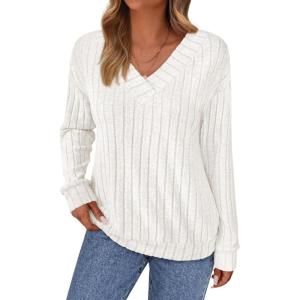 imagePRETTYGARDEN Fall Fashion 2025 Long Sleeve Shirts for Women Ribbed Knit V Neck Dressy Casual Lightweight Sweaters Tunic TopsWhite
