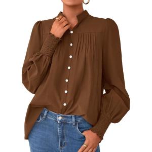 imagePRETTYGARDEN Fall Lantern Long Sleeve Shirts for Women 2025 Trendy Button Vneck Pullover Henley Tops Dressy Work BlousesBrown