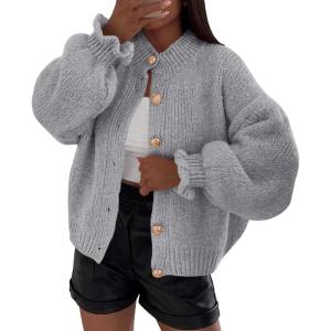 imagePRETTYGARDEN Womens Cropped Cardigans Trendy 2025 Ruffle Open Front Chunky Knit Sweater Oversized Button Down Fall ClothesGrey