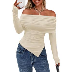 imagePRETTYGARDEN Womens Long Sleeve Shirts Off Shoulder Tops Going Out Slim Fitted Y2K Blouses 2025 Fall Fashion ClothesBeige