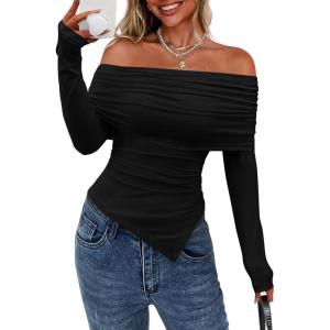 imagePRETTYGARDEN Womens Long Sleeve Shirts Off Shoulder Tops Going Out Slim Fitted Y2K Blouses 2025 Fall Fashion ClothesBlack