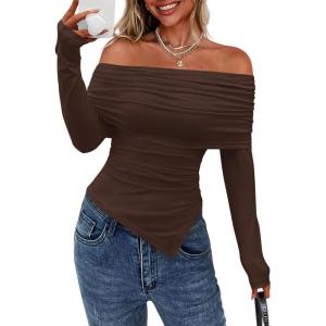 imagePRETTYGARDEN Womens Long Sleeve Shirts Off Shoulder Tops Going Out Slim Fitted Y2K Blouses 2025 Fall Fashion ClothesBrown