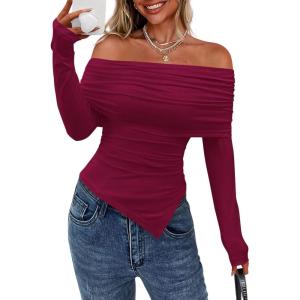 imagePRETTYGARDEN Womens Long Sleeve Shirts Off Shoulder Tops Going Out Slim Fitted Y2K Blouses 2025 Fall Fashion ClothesBurgundy
