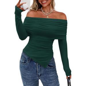 imagePRETTYGARDEN Womens Long Sleeve Shirts Off Shoulder Tops Going Out Slim Fitted Y2K Blouses 2025 Fall Fashion ClothesGreen