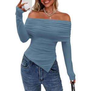 imagePRETTYGARDEN Womens Long Sleeve Shirts Off Shoulder Tops Going Out Slim Fitted Y2K Blouses 2025 Fall Fashion ClothesGrey Blue