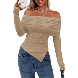 imagePRETTYGARDEN Womens Long Sleeve Shirts Off Shoulder Tops Going Out Slim Fitted Y2K Blouses 2025 Fall Fashion ClothesKhaki