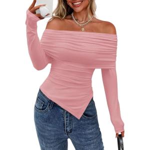 imagePRETTYGARDEN Womens Long Sleeve Shirts Off Shoulder Tops Going Out Slim Fitted Y2K Blouses 2025 Fall Fashion ClothesPink