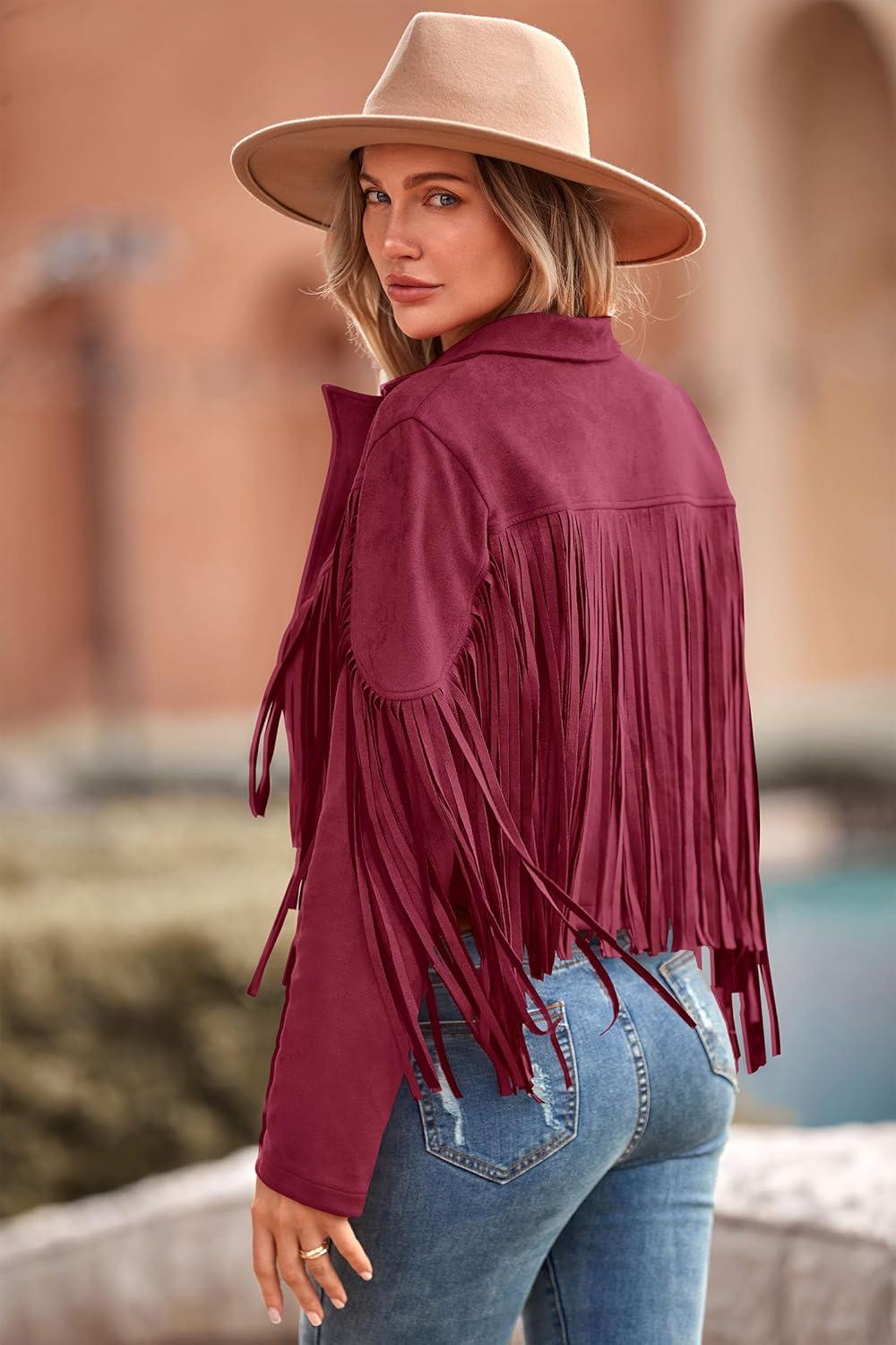 imagePRETTYGARDEN Womens Fringe Faux Suede Leather Jackets Fall Fashion 2025 Tassel Motorcycle Cropped CoatsWine Red