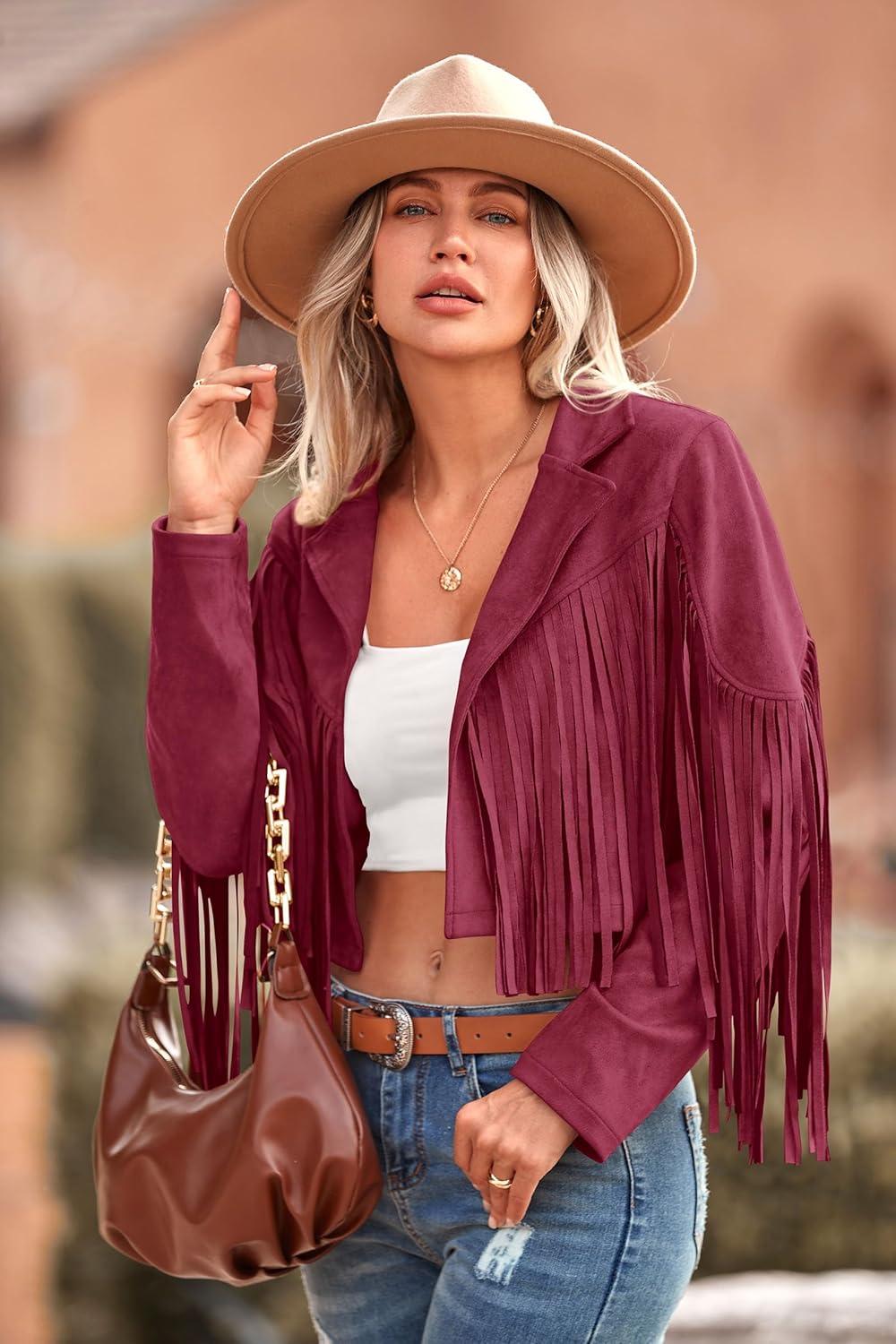 imagePRETTYGARDEN Womens Fringe Faux Suede Leather Jackets Fall Fashion 2025 Tassel Motorcycle Cropped CoatsWine Red