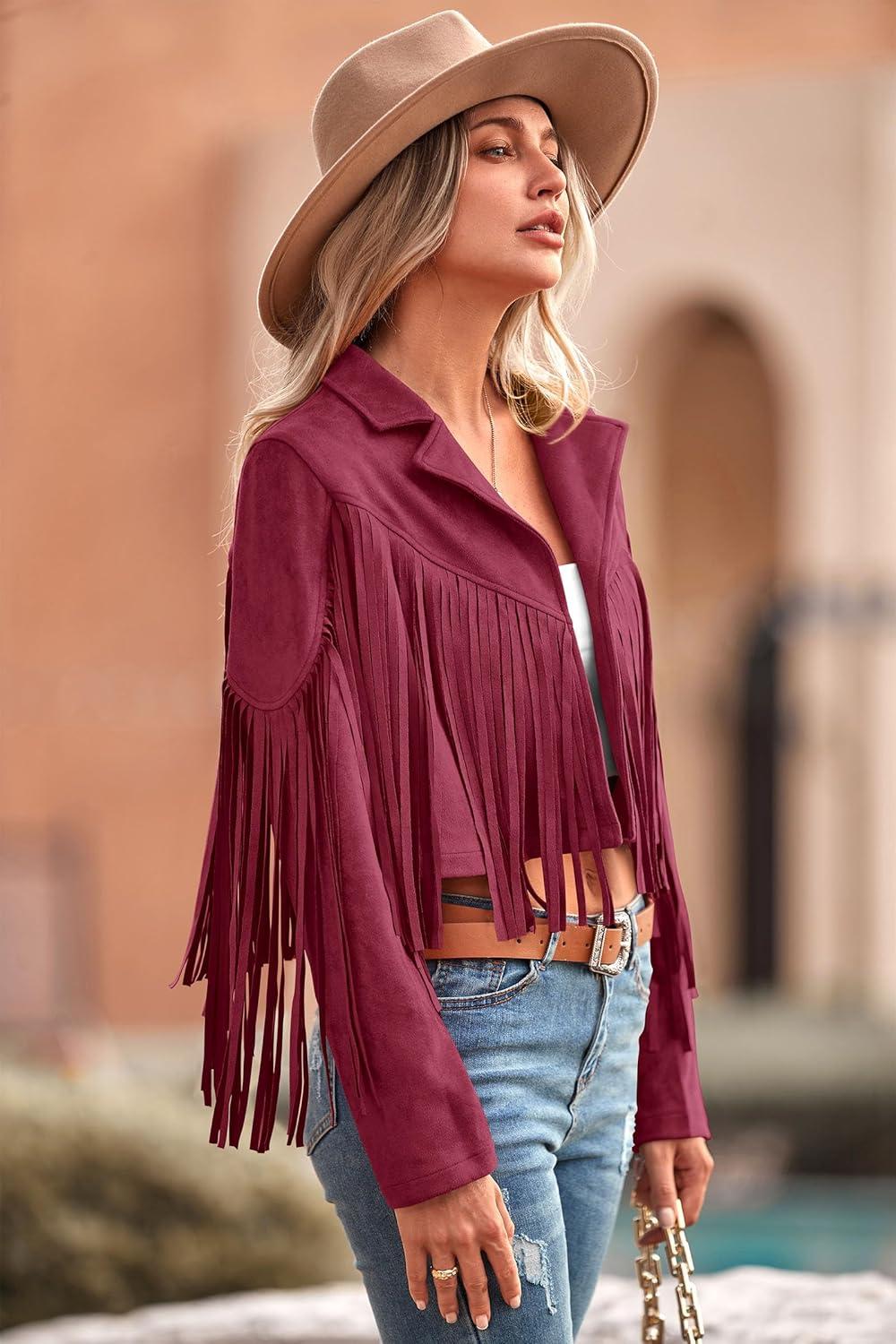 imagePRETTYGARDEN Womens Fringe Faux Suede Leather Jackets Fall Fashion 2025 Tassel Motorcycle Cropped CoatsWine Red