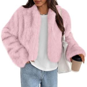 imagePRETTYGARDEN Womens 2025 Winter Coats Fluffy Cropped Faux Fur Jacket Long Sleeve Open Front Shaggy Outerwear Trendy ClothesPink