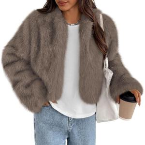 imagePRETTYGARDEN Womens 2025 Winter Coats Fluffy Cropped Faux Fur Jacket Long Sleeve Open Front Shaggy Outerwear Trendy ClothesTaupe