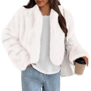 imagePRETTYGARDEN Womens 2025 Winter Coats Fluffy Cropped Faux Fur Jacket Long Sleeve Open Front Shaggy Outerwear Trendy ClothesWhite
