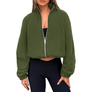 imagePRETTYGARDEN Womens 2025 Winter Fleece Jacket Trendy Long Sleeve Zip Up Cropped Warm Sherpa Coat Fall Fashion Workout ClothesArmy Green