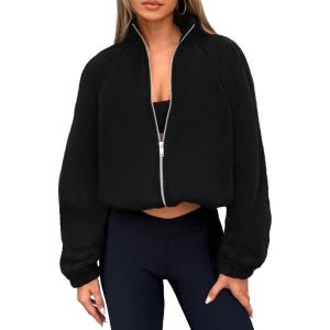imagePRETTYGARDEN Womens 2025 Winter Fleece Jacket Trendy Long Sleeve Zip Up Cropped Warm Sherpa Coat Fall Fashion Workout ClothesBlack