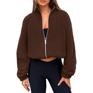 imagePRETTYGARDEN Womens 2025 Winter Fleece Jacket Trendy Long Sleeve Zip Up Cropped Warm Sherpa Coat Fall Fashion Workout ClothesBrown