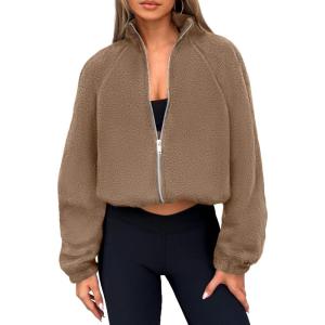 imagePRETTYGARDEN Womens 2025 Winter Fleece Jacket Trendy Long Sleeve Zip Up Cropped Warm Sherpa Coat Fall Fashion Workout ClothesKhaki