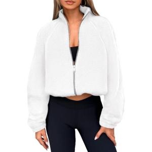 imagePRETTYGARDEN Womens 2025 Winter Fleece Jacket Trendy Long Sleeve Zip Up Cropped Warm Sherpa Coat Fall Fashion Workout ClothesWhite